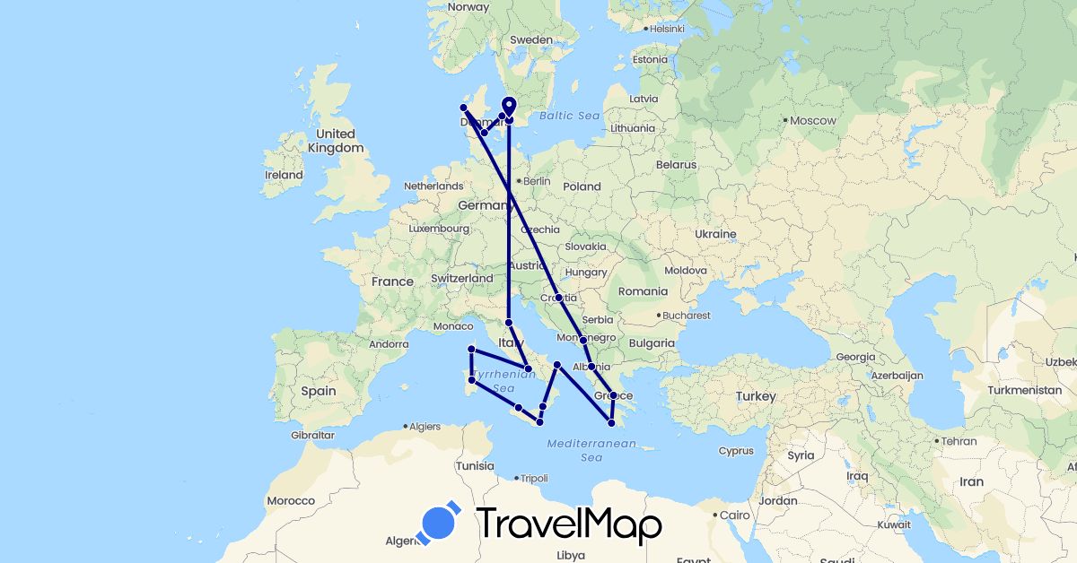 TravelMap itinerary: driving in Albania, Denmark, France, Greece, Croatia, Italy, Montenegro, San Marino (Europe)