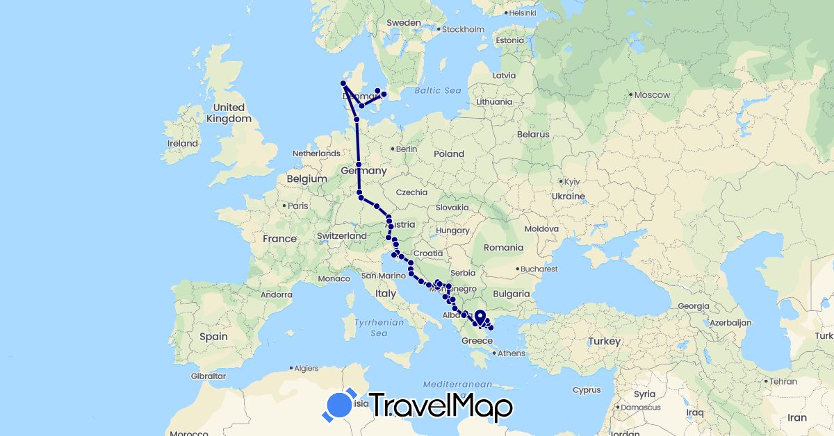 TravelMap itinerary: driving in Albania, Austria, Bosnia and Herzegovina, Germany, Denmark, Greece, Croatia, Italy, Montenegro, Macedonia, Slovenia (Europe)